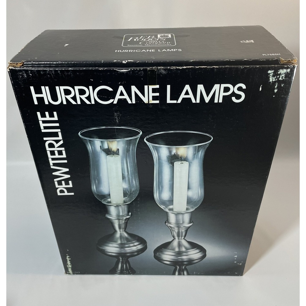F.B. Rogers Pewterlite Candleholders w/ Hurricane Lamp Shade New In Box Set